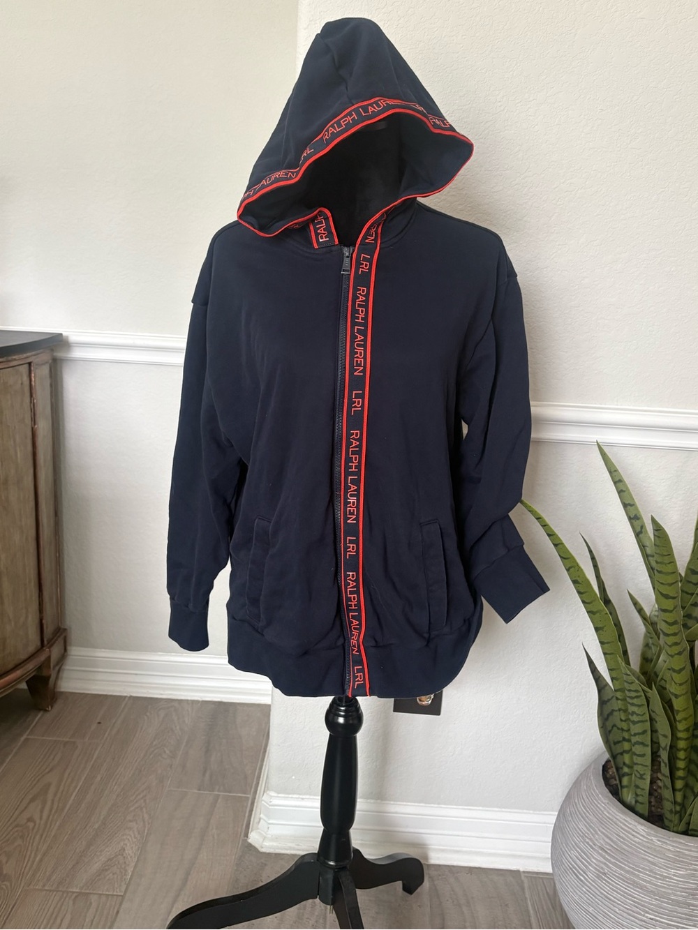 Ralph Lauren Navy Hooded Jacket with Red Logo Trim